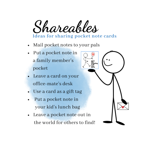 Shareables - ideas for sharing pocket note cards, mail the pocket notes to your pals, put a pocket note in a family member's pocket, leave a card on your office-mate's desk, use a card or git tag, put a pocket note in your kid's lunch bag, leave a pocket note out in the world for others to find