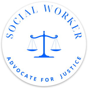 Round white sticker blue justice symbol and blue lettering says social work advocate for peace