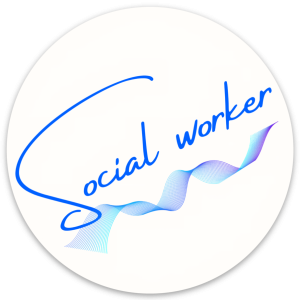 social worker sticker with blue lettering on white round sticker
