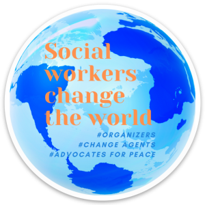 round 3 inch sticker says social workers change the world